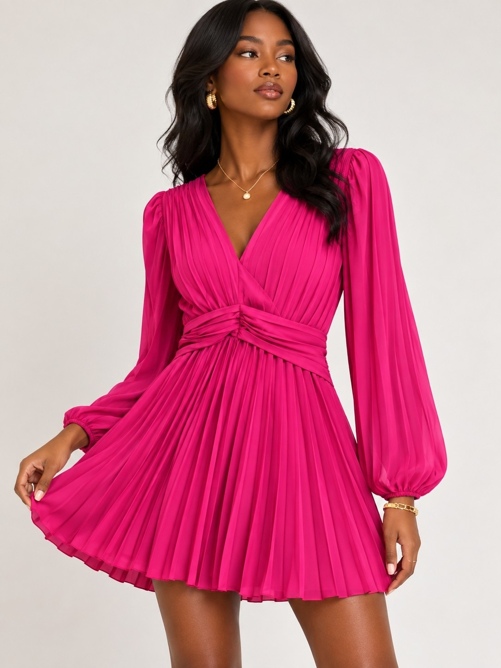 Aureta x Anthropologie Pleated Long Sleeve V Neck Mini Dress Raspberry Pink - L